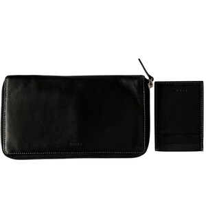 Cartera organizadora vintage Lodis de cuero negro con cremallera y tarjetero / Billetera unisex de cuero genuino de los años 90