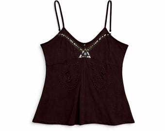 Vintage Da-Nang Beaded Cami Top Brown Y2K Boho Festival Tank Sequin Spaghetti Strap 2000s Women’s M