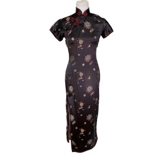 Vintage 90&#39;s SOLZ Squirrel Black Floral Cheongsam Maxi Side Slits Dress Size 34 US SMALL