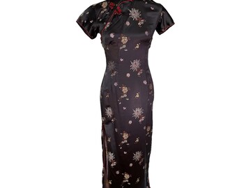 Vintage 90's SOLZ Squirrel Black Floral Cheongsam Maxi Side Slits Dress Size 34 US SMALL