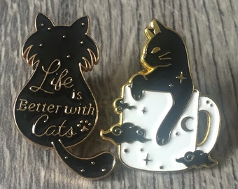 Life Is Better With Cats Enamel Pin, Midnight Black Cat, Moon Clouds Astrology, Cat In A Mug, Night Sky Kitty, Brooch Badge Accessory