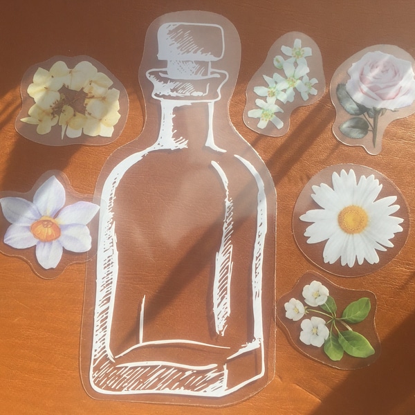 Transparent Bottled Flowers Sticker PACK, Sketch Style Glass Bottle Sticker, PET Vinyl, White Daisies Roses Hydrangeas, Floral Scrapbooking