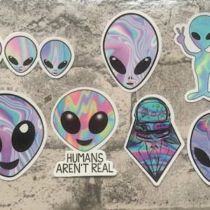 Alien Glossy Stickers, Outer Space Astronaut UFO Stickers, Faux Holographic, Scrapbook Laptop Luggage Bike Decals, Stocking Advent Filler