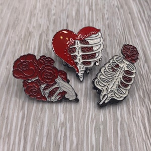 Skeleton Love Enamel Pin, SECONDS | OOPSIES, Skeleton Hand Red Roses, Bleeding Heart Bones, Ribcage Spine Red Rose, Gothic Romance Aesthetic
