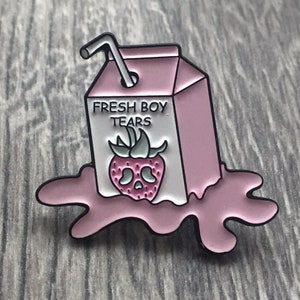 Fresh Boy Tears Enamel Pin, Pink Strawberry, Funny Heart Breaker, Spilt Milk, Juice Box, Joke Feminist Lapel Pin, Filler Gift, Backpack Pin