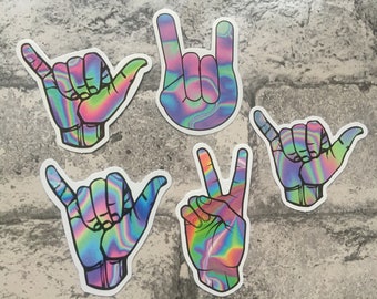 Hand Sign Stickers, Faux Holographic, Tie Dye Hand Signals, Hippie Peace, Scrapbook Laptop Luggage Mirror Decals, Stocking Advent Filler