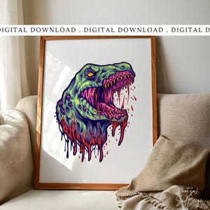 Pode incluir: Uma impressão digital emoldurada apresentando uma cabeça de dinossauro estilizada e agressiva em tons de verde, roxo e vermelho. A criatura tem a boca aberta com dentes afiados e texturas viscosas escorrendo. O texto DIGITAL DOWNLOAD é visível.
