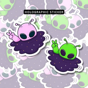 Cute Swimming Alien Holographic Vinyl Sticker, Drowning in Outer Space, Cartoon Pink Green Alien, Shiny Stars Decals, Cosmic Space Aesthetic
