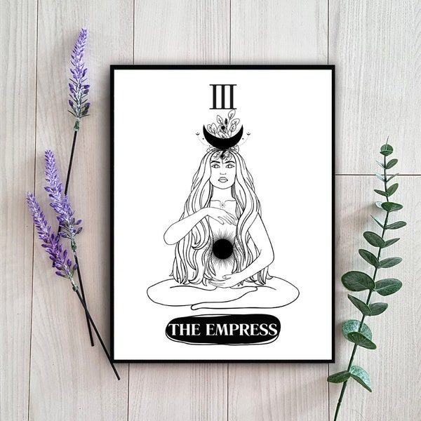 The Empress Tarot Card Print, Black White Aesthetic, Sun Moon Mother Earth Goddess, Simplistic Line Drawing, Contemporary Minimalism