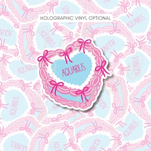 Autocollant vintage en vinyle pour gâteau coeur Verseau, esthétique signe du zodiaque, jolis gâteaux rétro, mini gâteaux bleu rose, coeur d'amour pastel pastel, décoration signe astrologique