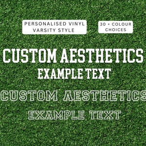 May include: White text on a green background that reads "CUSTOM AESTHETICS EXAMPLE TEXT" in a varsity style font. The text is outlined in black. The text appears twice on the image.