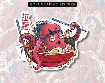 Octopus Ramen Vinyl Sticker, Seafood Ramen, Fish Cake, Spicy Bowl, Japanese Anime Food Stickers