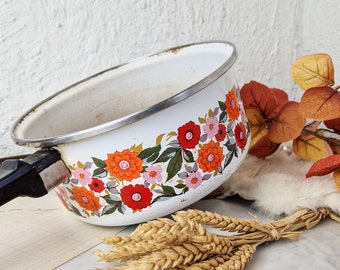 Casserole vintage en tôle émaillée années 70 décor fleurs