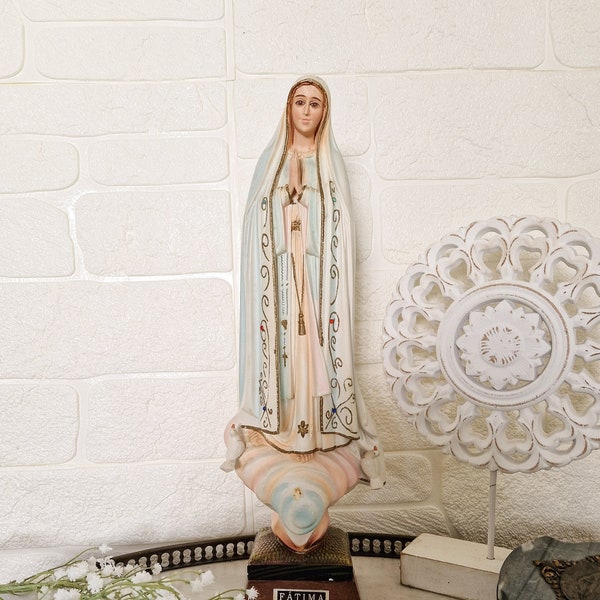 Statue religieuse Notre-Dame de Fatima en résine et yeux en verre