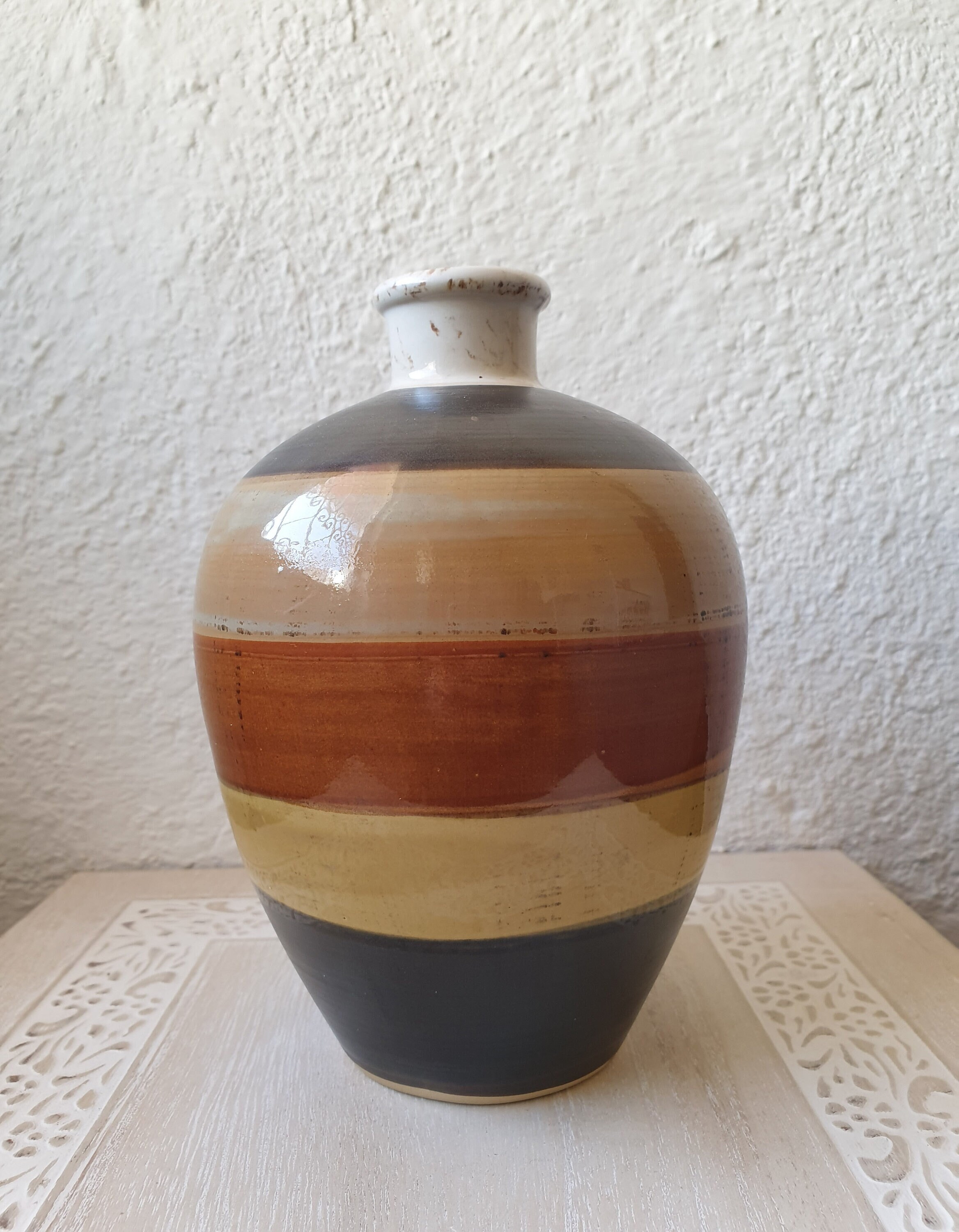 Beau Vase Vintage Céramique Camaïeu Marron Rayé