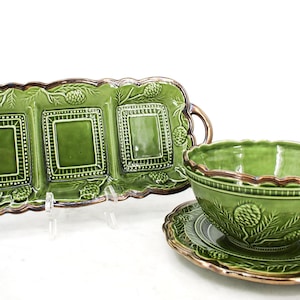 Duo in green slip tray with compartments, bowl and vintage plate, slip tray, slip plate, vintage French tableware