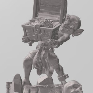 May include: A gray 3D printed figurine of a goblin holding a treasure chest filled with gold coins. The goblin is standing on a rocky base with a skull.