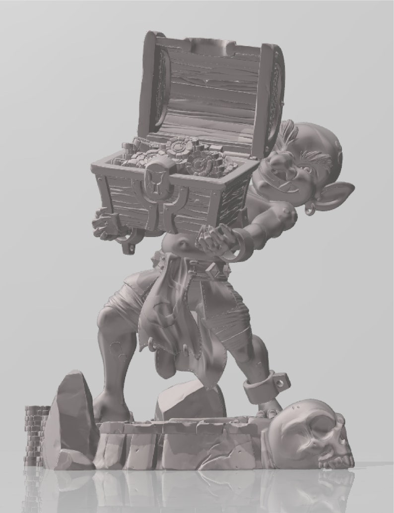 May include: A gray 3D printed figurine of a goblin holding a treasure chest filled with gold coins. The goblin is standing on a rocky base with a skull.