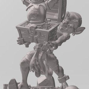 May include: A gray 3D printed figurine of a goblin carrying a treasure chest with a jester goblin inside. The goblin is wearing a jester hat and has a mischievous grin. The treasure chest is overflowing with gold coins. The figurine is standing on a rocky base.