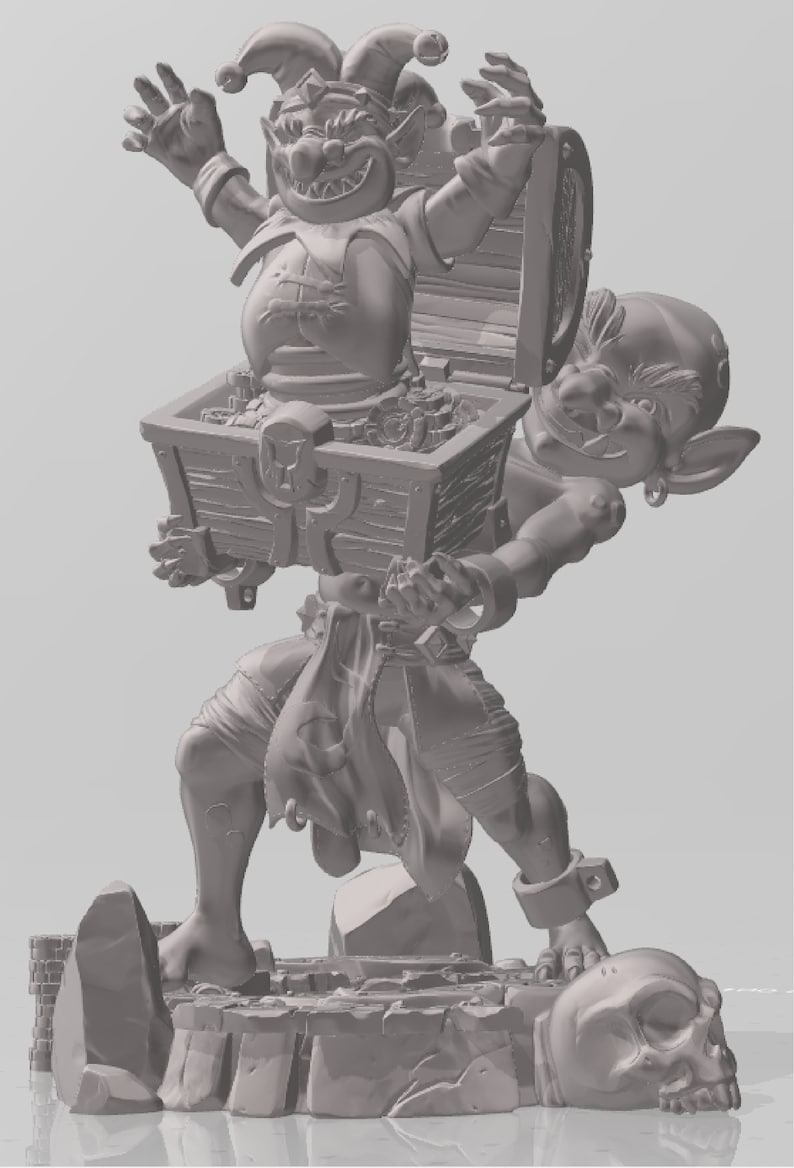 May include: A gray 3D printed figurine of a goblin carrying a treasure chest with a jester goblin inside. The goblin is wearing a jester hat and has a mischievous grin. The treasure chest is overflowing with gold coins. The figurine is standing on a rocky base.