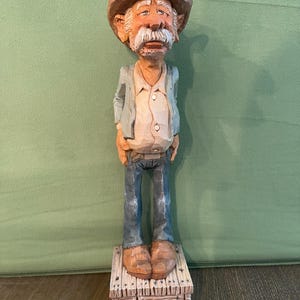 Hand-Carved 12.75” Cowboy Woodcarving – Rustic Folk Art Figure on Crate Base – Whimsical Western Americana Sculpture – Gift for Him