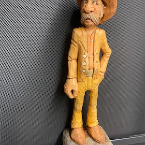 Hand-Carved 13.5” Cowboy Wood Sculpture – Full-Size Basswood Caricature – Rustic Western Folk Art – Whimsical Americana Decor