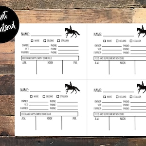 Carte stampabili per stalla di cavalli a tema dressage con programma di alimentazione, carte per spettacoli equestri o fienili, carte per stalla con tabella di alimentazione, download digitale