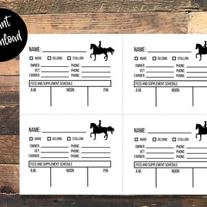 Printable Saddle Seat Theme Horse Stall Cards with Feed Schedule, Horse Show or Barn Cards, Stable Cards with Feed Chart, Digital Download