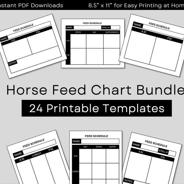 Printable Horse Feed Chart Bundle, Horse Feed Schedule, Horse Stall Card, Horse Feed Cards, Stall Signs, Barn Feed Chart, Barn Schedule