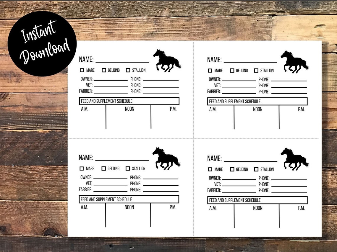 Printable Horse Stall Cards With Feed Schedule, Horse Show or Barn