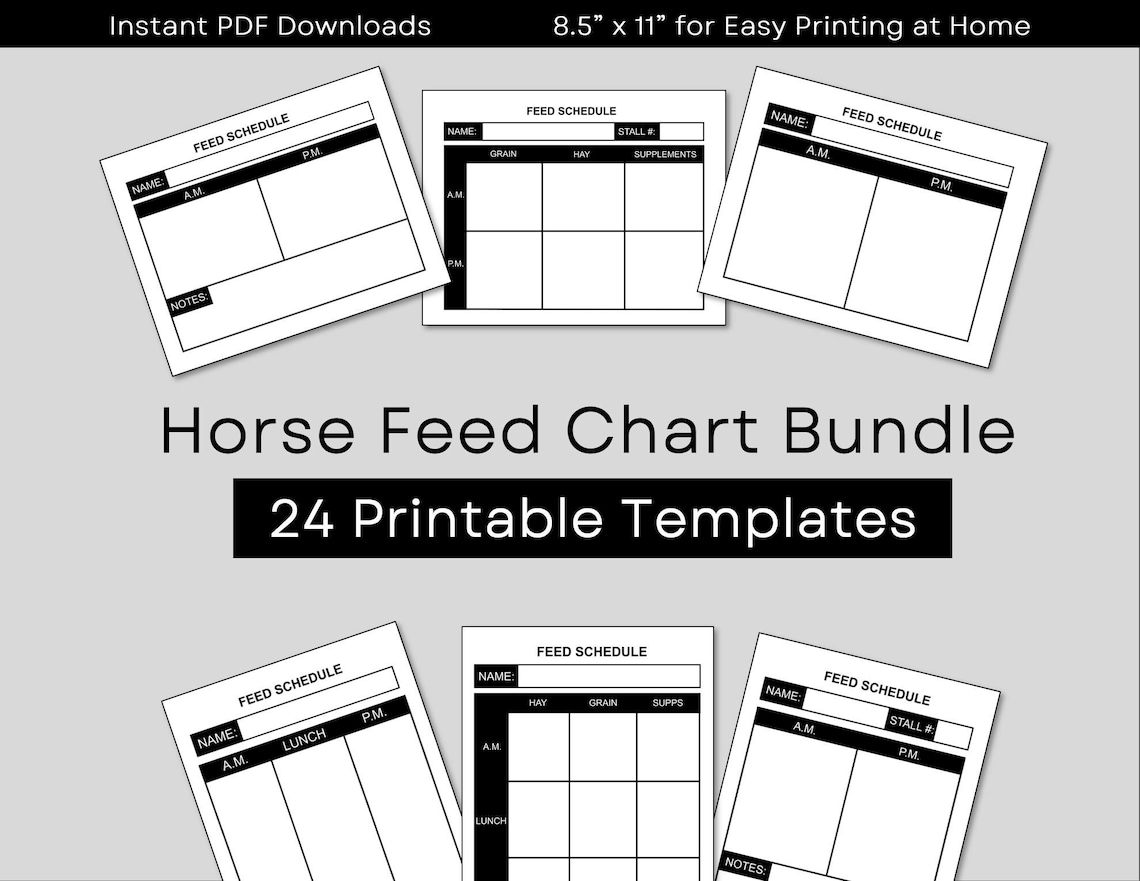Printable Horse Feed Chart Bundle, Horse Feed Schedule, Horse Stall