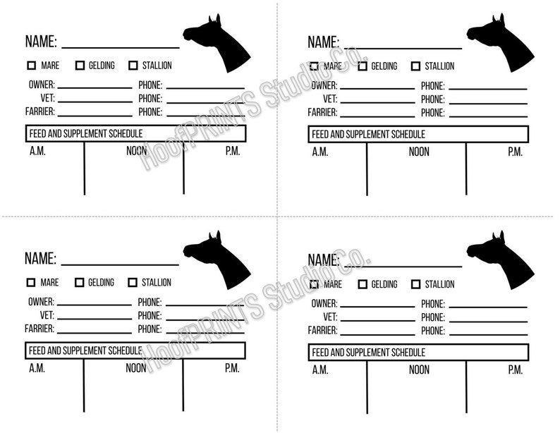 Printable Arabian Horse Stall Cards With Feed Schedule, Horse Show or ...