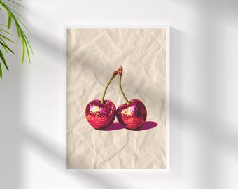 Arte de pared con cerezas disco vintage - Cereza disco - Fruta disco - Decoración universitaria - Decoración de pared divertida - Retro - Arte de pared con cerezas - Decoración vintage