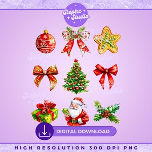 Pode incluir: Um conjunto de 9 ilustrações digitais com tema natalino, incluindo um enfeite vermelho e branco, um laço vermelho, uma árvore de Natal verde, um laço vermelho, um biscoito de gengibre, um Papai Noel, uma caixa de presente verde, um laço vermelho e um ramo de azevinho.