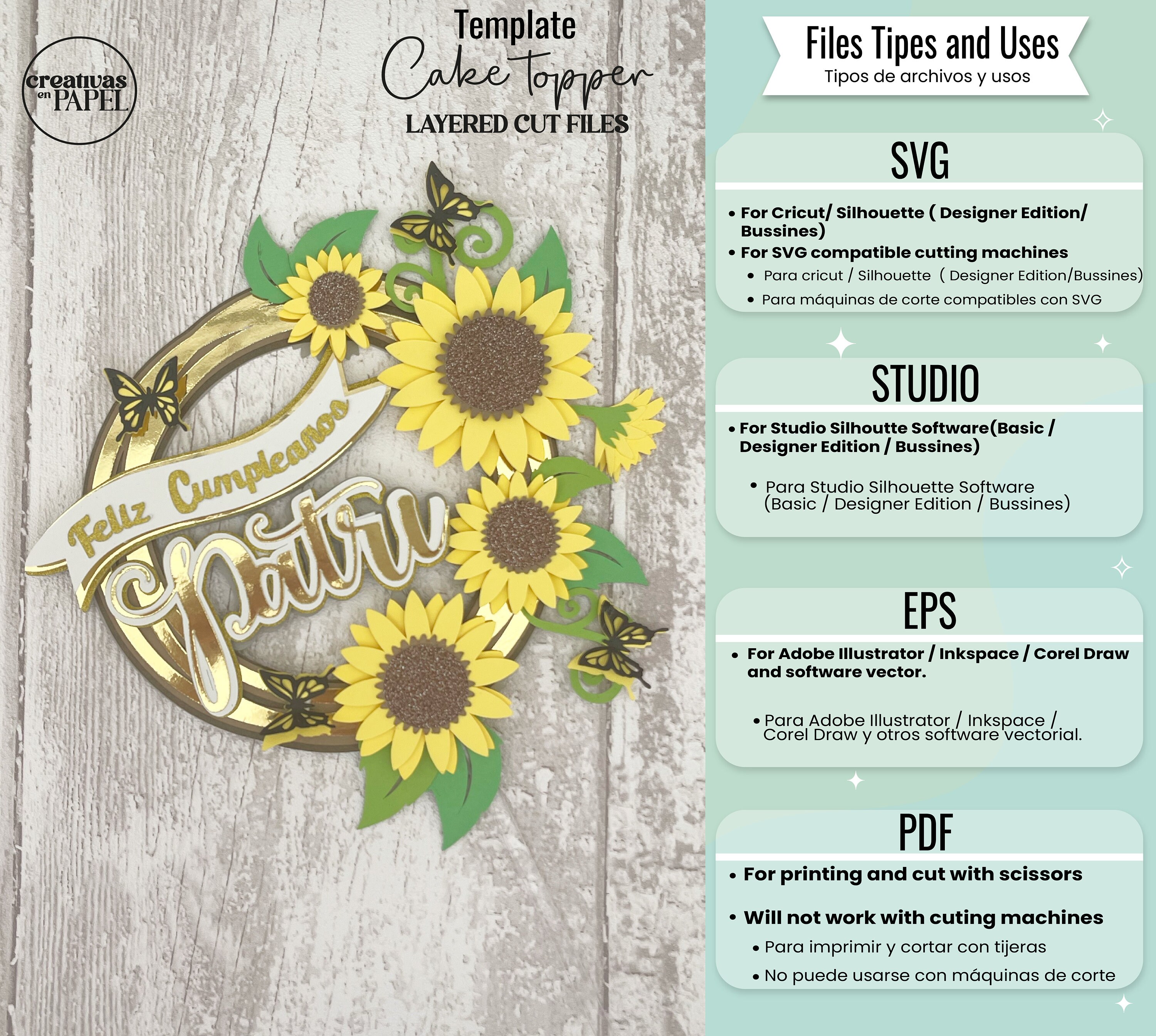 Sunflowers Cake Topper Birthday Svg, Studio, Ai, Birthday Sunflowers