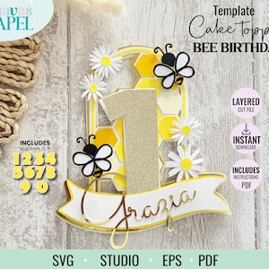 One bee cake topper Svg, Studio, Eps,Pdf, first birthday bee cutting template, layered bee birthday topper.