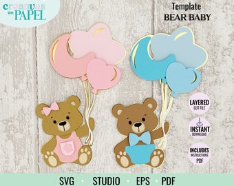 Set 3d baby bear boy or girl with balloons Svg, Studio, Eps, baby shower bear girl boy, teddy bear with star moon heart balloons.