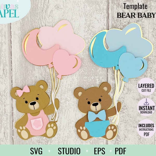 Set 3d baby bear boy or girl with balloons Svg, Studio, Eps, baby shower bear girl boy, teddy bear with star moon heart balloons.