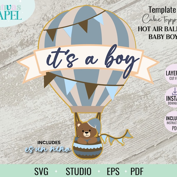 Layered Hot Air Balloon Cake Topper Svg, Layered Bear Hot Air Balloon, It's a Boy Hot Air Balloon, Cameo and Cricut File