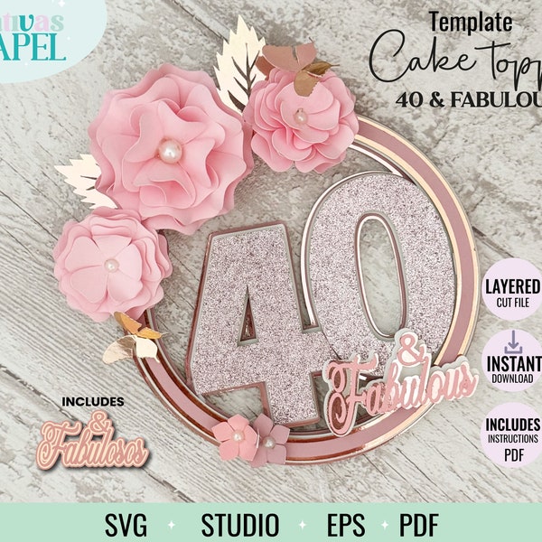 40 y fabulosos  cake topper floral  Svg, Studio, Eps, Pdf adorno pastel cumpleaños 40 & fabulosos, topper cumple 40 y flores cameo y cricut