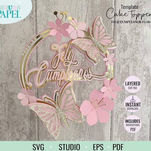 Cake topper happy birthday basic flowers and butterflies svg, eps, studio, digital floral cut file, floral topper template