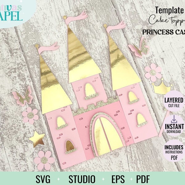 Gelaagde prinses kasteel taart topper Svg, Studio, Eps, prinses kasteel snijden bestand, gelaagde prinses verjaardagstaart topper.