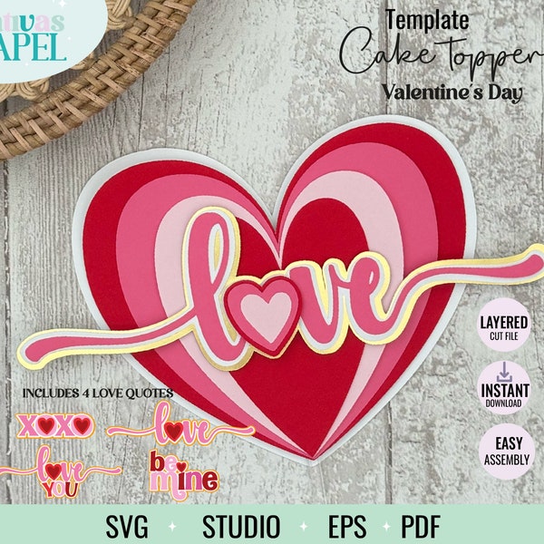 Valentine's Day heart cake topper, layered Valentine's heart cake topper, digital download.