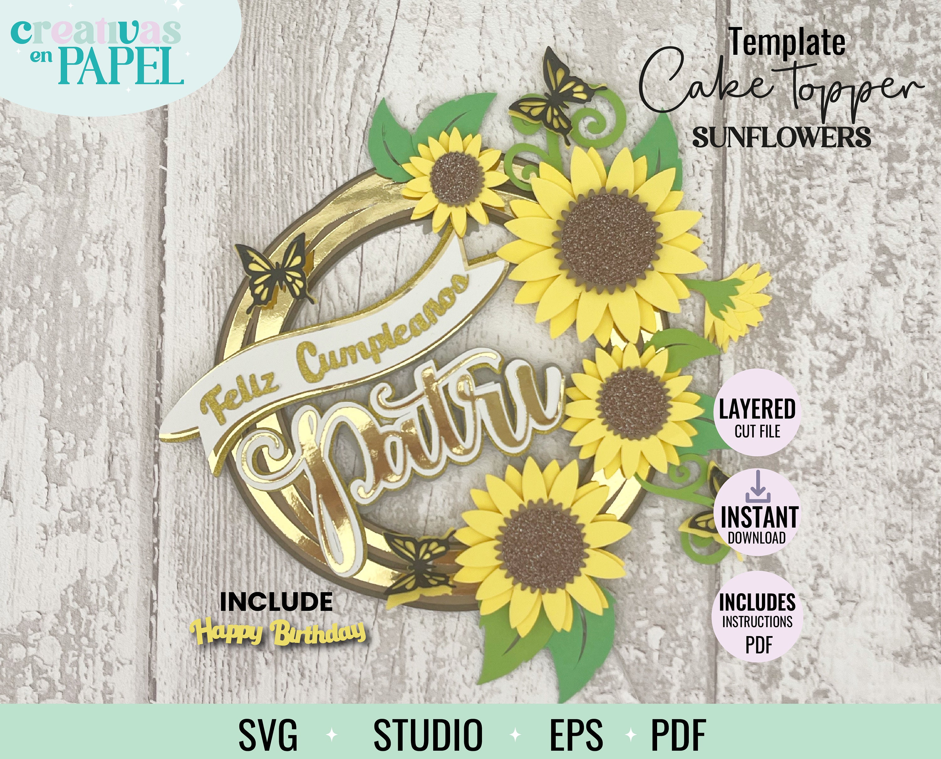 Sunflowers Cake Topper Birthday Svg, Studio, Ai, Birthday Sunflowers