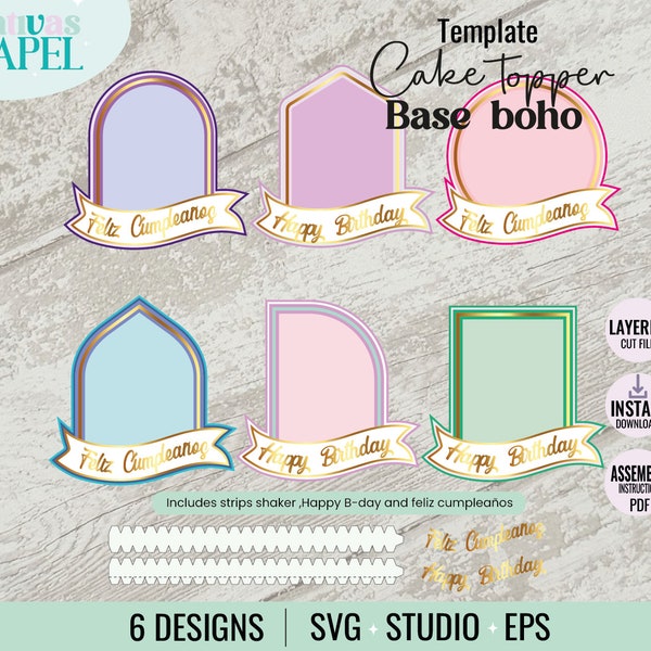 Bundle Cake topper shaker boho templates 6 designs svg, eps, dxf, png, studio, Cake Topper shaker cut file.