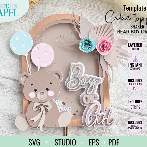 Cake topper boho shaker she or the teddy bear balloons, cute layered baby bear bow cake topper template.