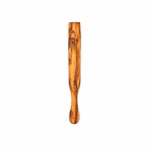May include: A wooden spatula with a long, flat rectangular head and a rounded handle. The utensil features a distinct natural grain pattern with swirling light and dark brown wood tones throughout the entire surface of the kitchen tool.