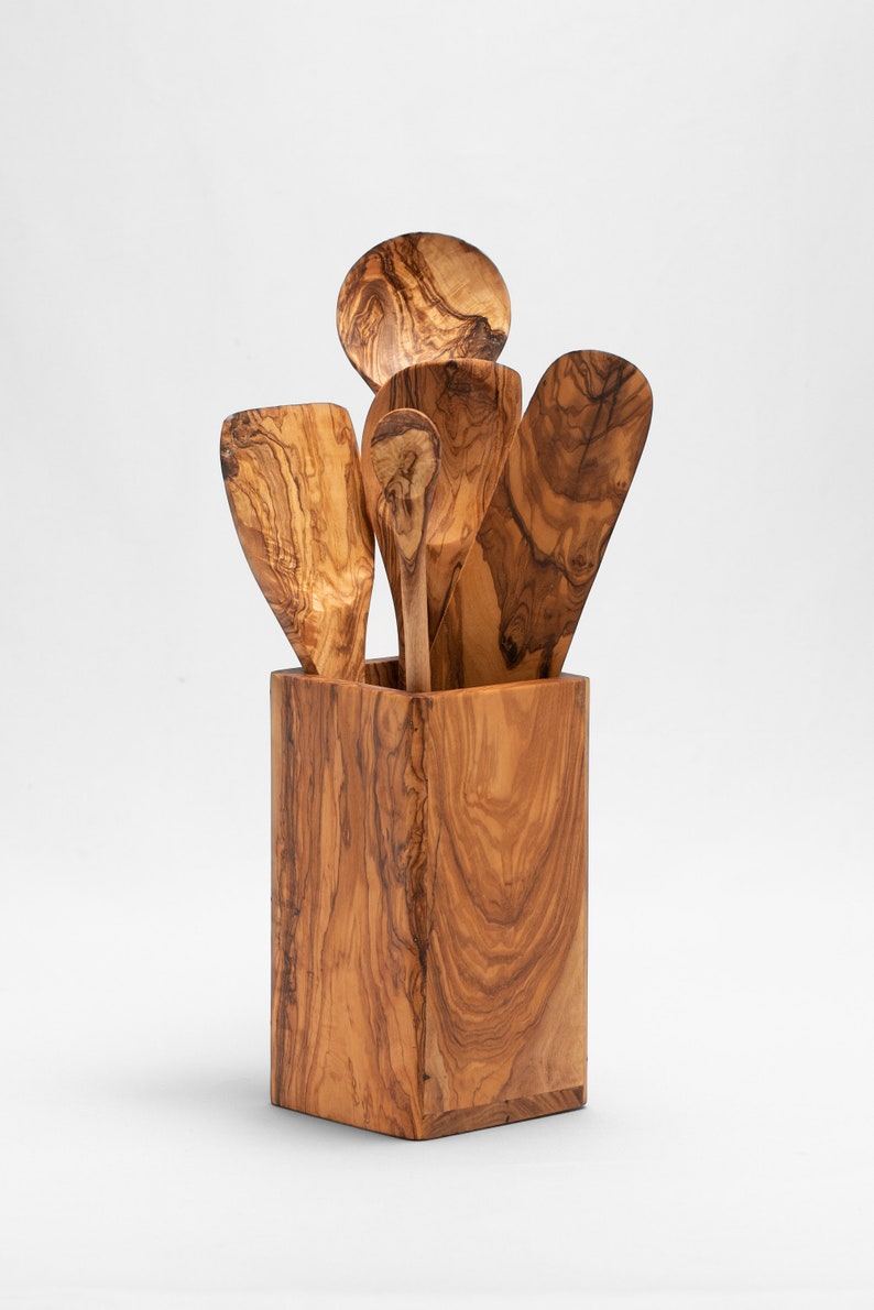 Small Olive Wood Cooking Utensil Holder image 2