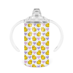 Personalized Ducks And Hearts Sippy Cup - 12 oz Double Walled Stainless Steel Tumbler Includes Sippy Handle Lid