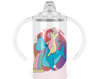 Unicorn Riding Shark Sippy Cup - Twelve Oz Double Walled Stainless Steel Tumbler Includes Your Choice of Lids